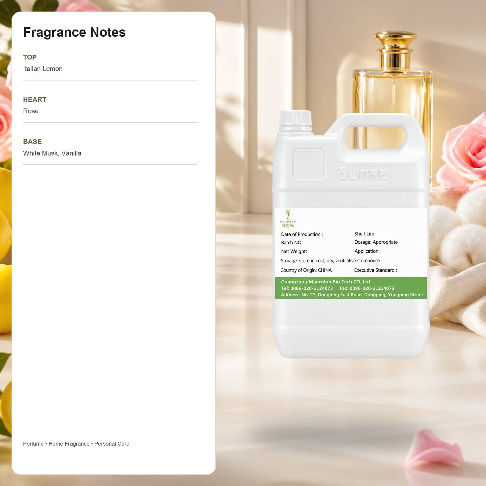 Aceite perfumado de rosa y limón italiano sobre una base suave de almizcle blanco. 2