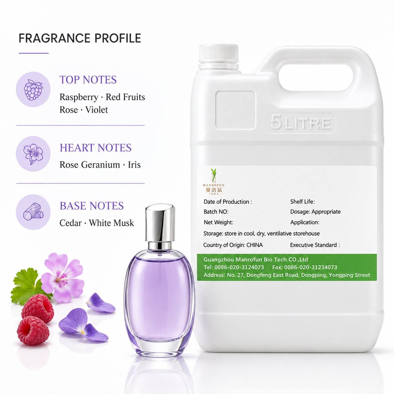 Huile parfumée florale et fruitée aux notes de framboise et de rose, disponible en gros pour les fabricants d'équipement d'origine (OEM). 2
