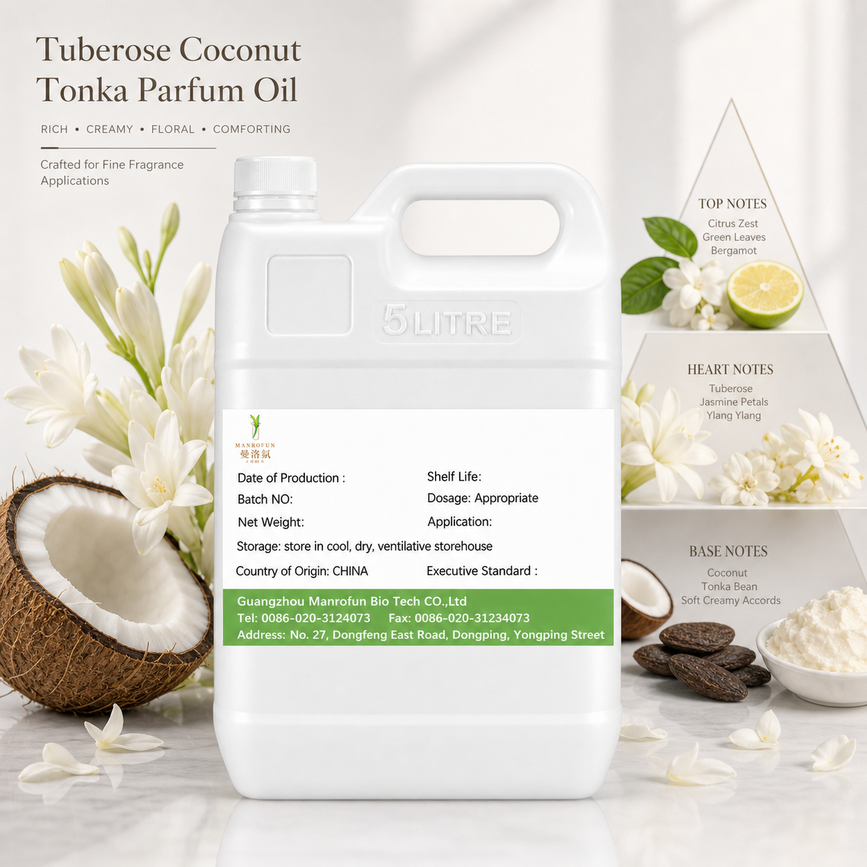Huile de parfum crémeuse tubéreuse, noix de coco et tonka en gros — Marque privée OEM pour extrait et roll-on 2