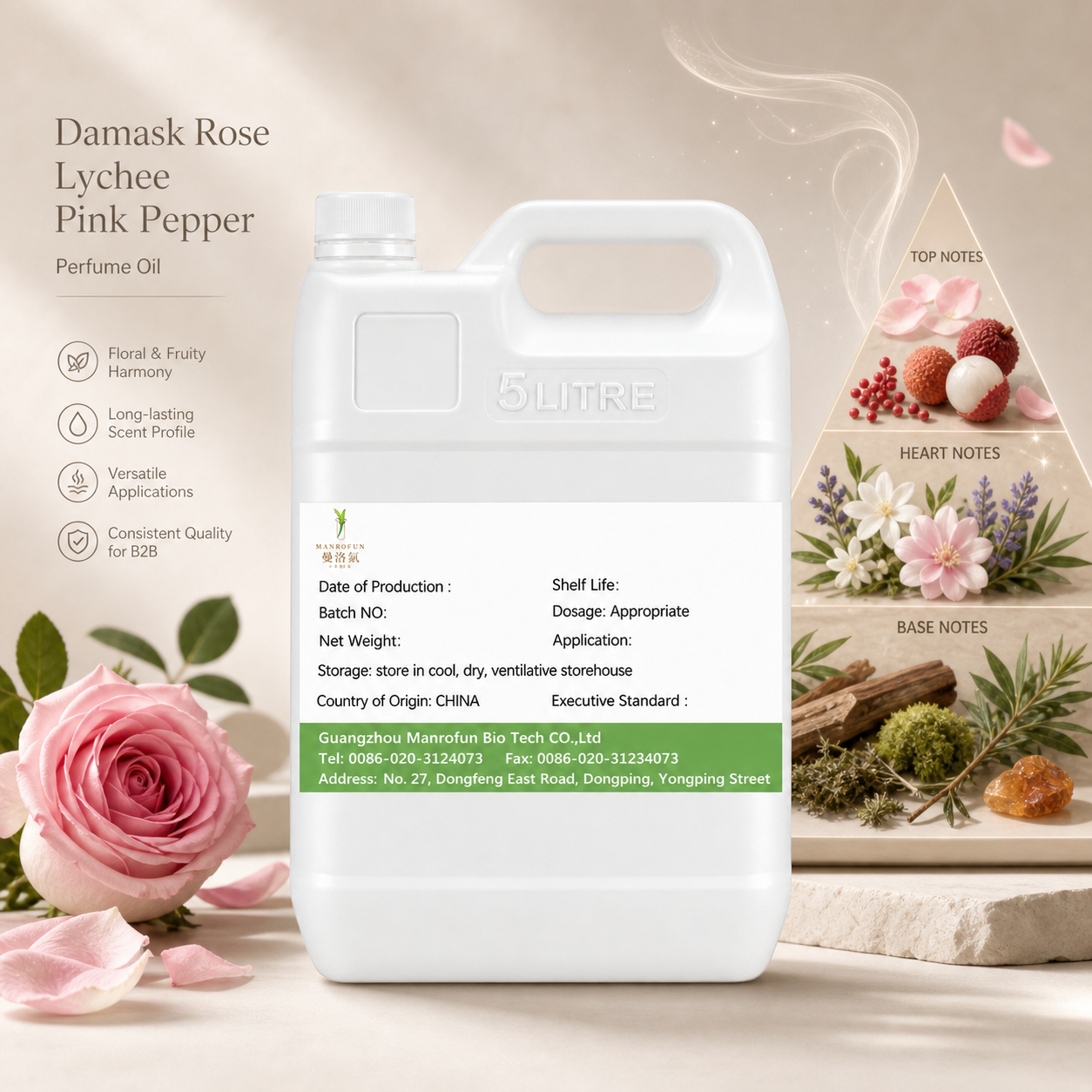 Rosa de Damasco, lichi y pimienta rosa | Aceite aromático premium para EDP y roll-on | Fabricante OEM 2