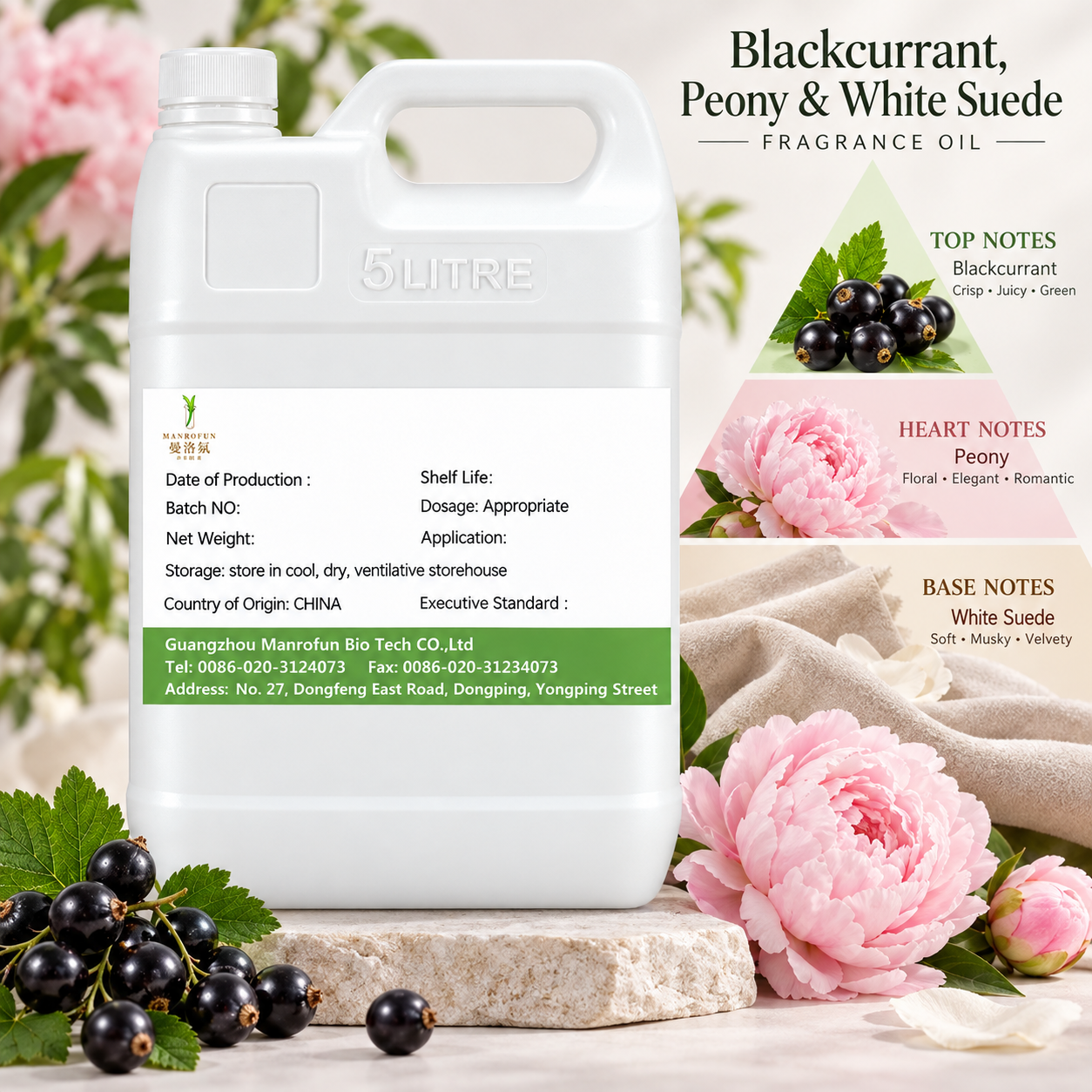 Parfümöl mit schwarzen Johannisbeeren, Pfingstrosen und weißem Wildleder für die Entwicklung einer charakteristischen Marke 2