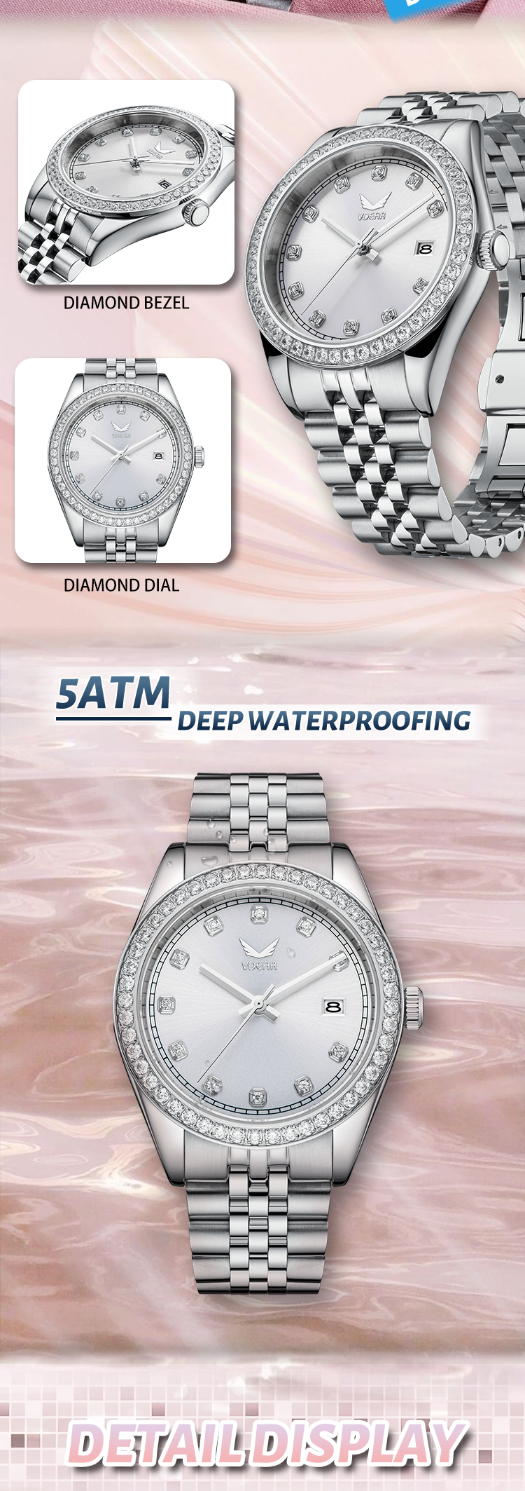 Vdear 40mm Crystal Bezel With Calendar Watch Luxury Diamond Scale Sunray Dial Quartz Watch 13