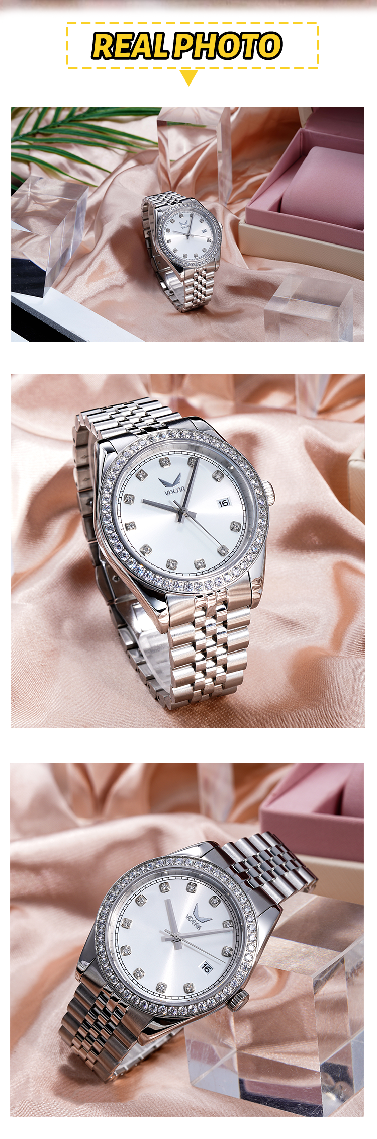 Vdear 40mm Crystal Bezel With Calendar Watch Luxury Diamond Scale Sunray Dial Quartz Watch 15