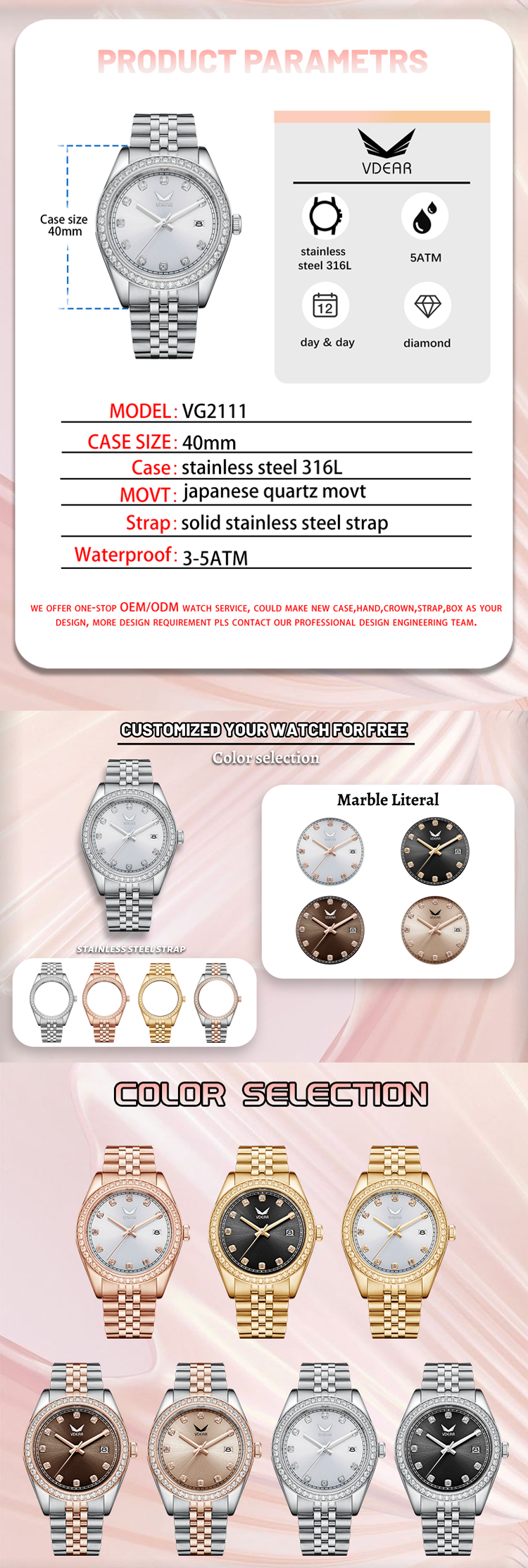 Vdear 40mm Crystal Bezel With Calendar Watch Luxury Diamond Scale Sunray Dial Quartz Watch 11
