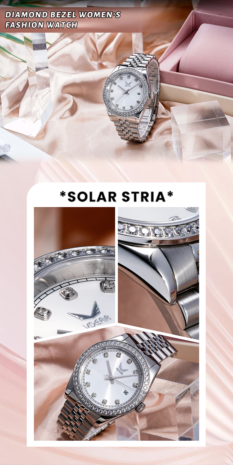 Vdear 40mm Crystal Bezel With Calendar Watch Luxury Diamond Scale Sunray Dial Quartz Watch 10