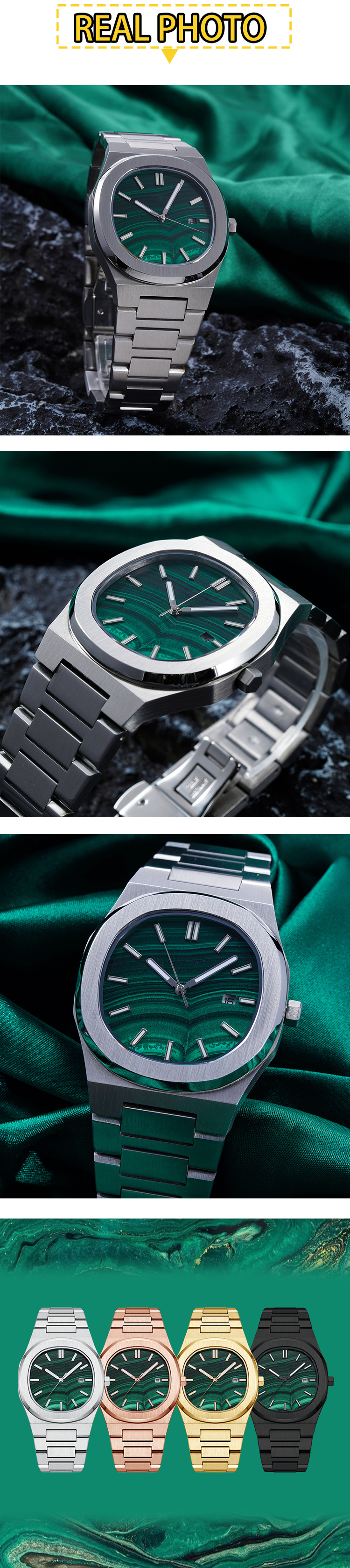 Vdear Malachite Green Dial Watch Luminous Pointers Calendar Quartz Watches Personalized Waterproof Wristwatch 13