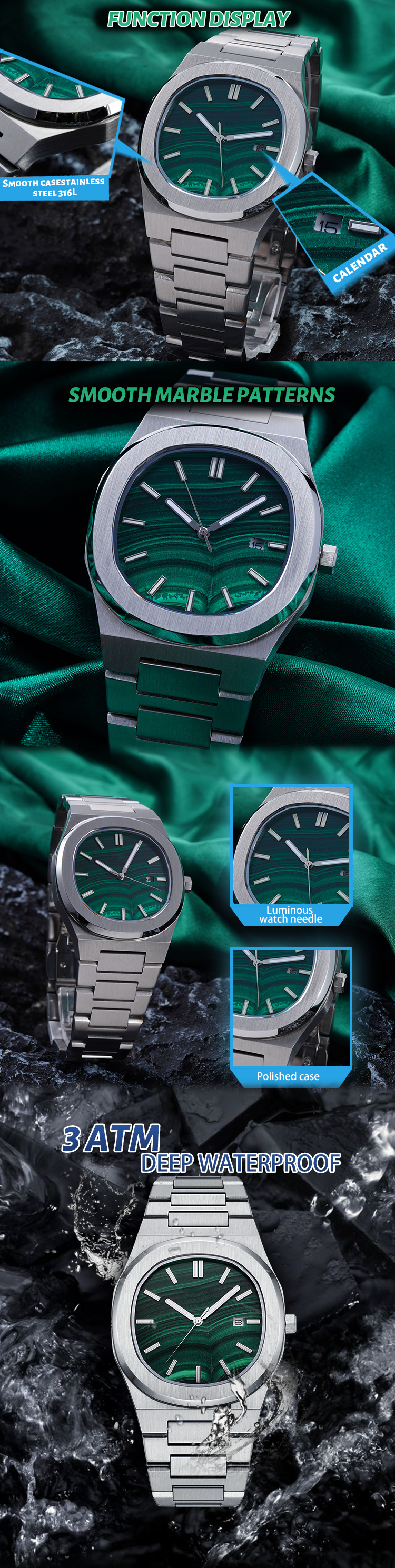 Vdear Malachite Green Dial Watch Luminous Pointers Calendar Quartz Watches Personalized Waterproof Wristwatch 11