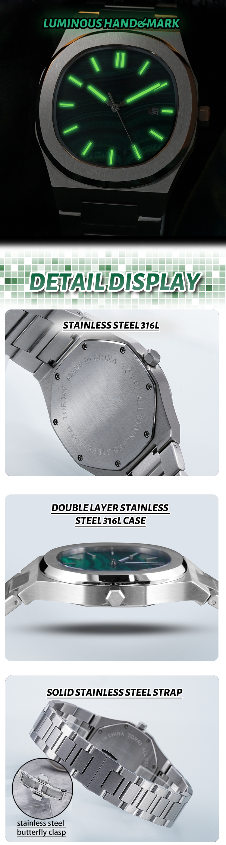 Vdear Malachite Green Dial Watch Luminous Pointers Calendar Quartz Watches Personalized Waterproof Wristwatch 12