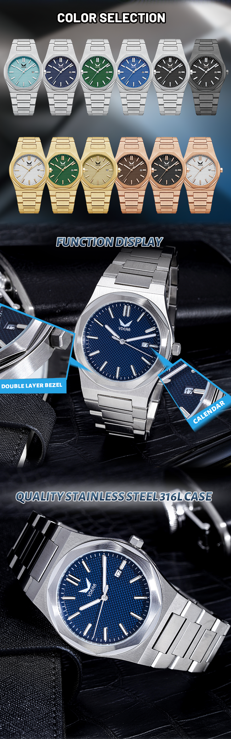 Vdear Champagne Gold Checkered Dial Watch Luminous Hands With Date Double Layer Bezel Quartz Watch 10