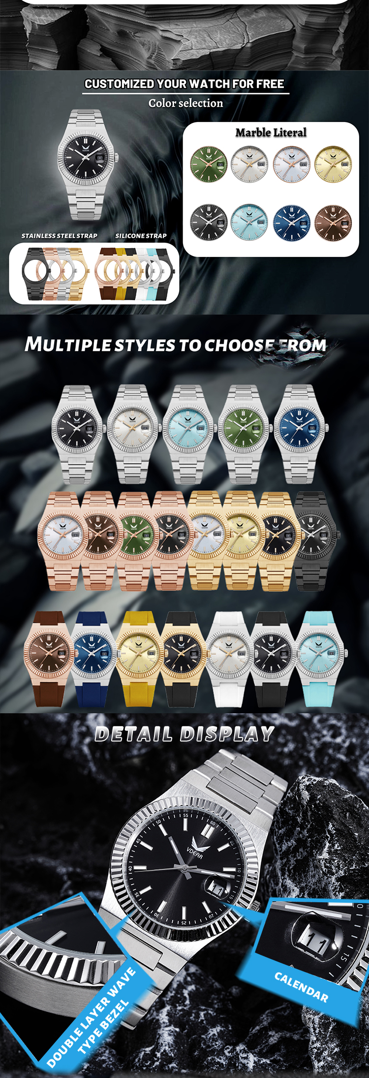 Vdear Wave Bezel 40mm Rose Gold Case Quartz Wristwatch Sunray Dial Luminous Hands 5atm Water Resistant Watch 11