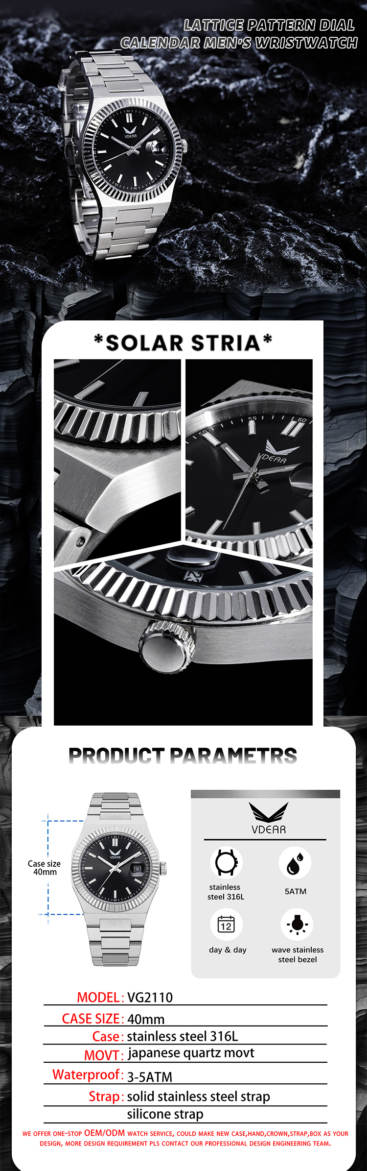 Vdear Wave Bezel 40mm Rose Gold Case Quartz Wristwatch Sunray Dial Luminous Hands 5atm Water Resistant Watch 10