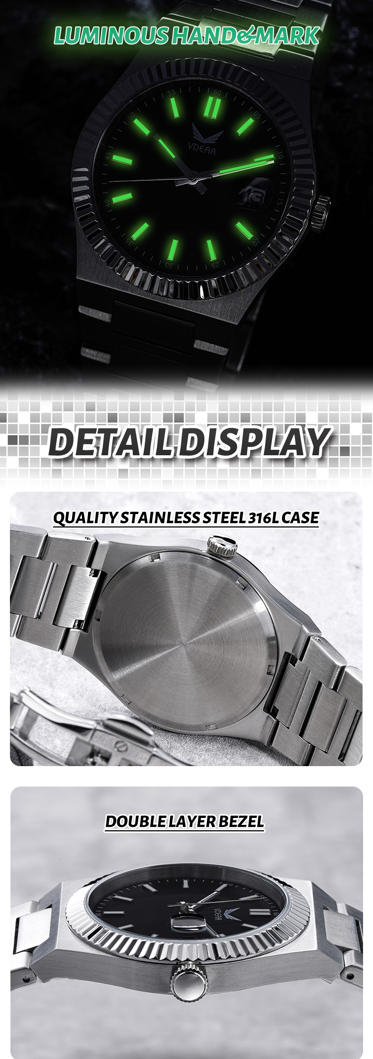 Vdear Wave Bezel 40mm Rose Gold Case Quartz Wristwatch Sunray Dial Luminous Hands 5atm Water Resistant Watch 13