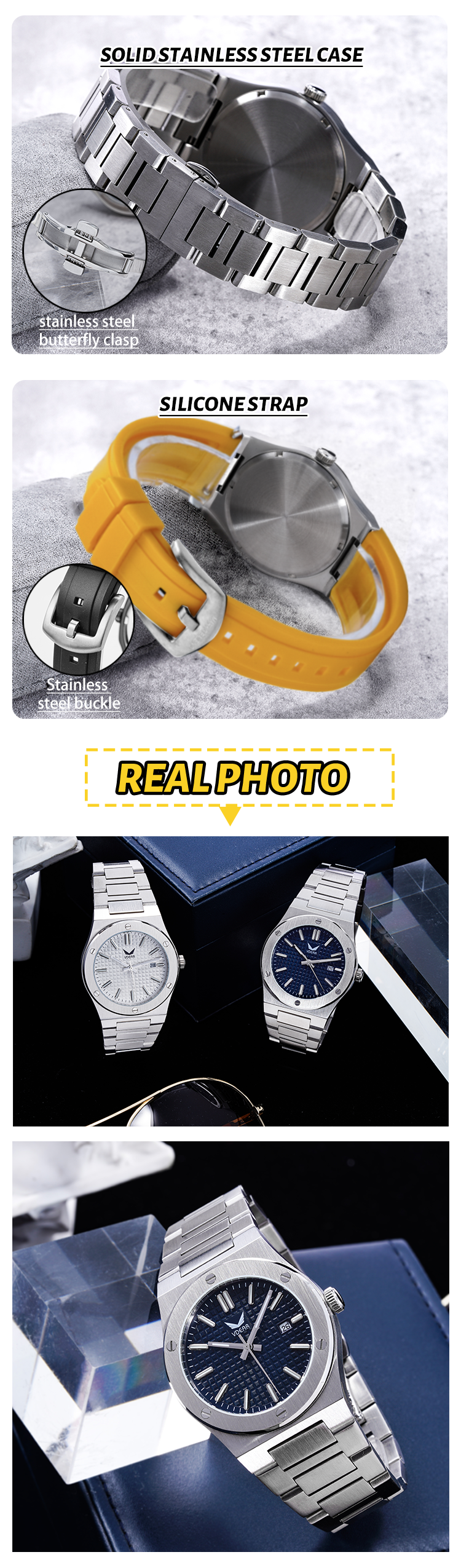 Vdear Double Layer Bezel Fluorescent Scale Watch Grey Checkered Pattern Dial Quartz Watch 15