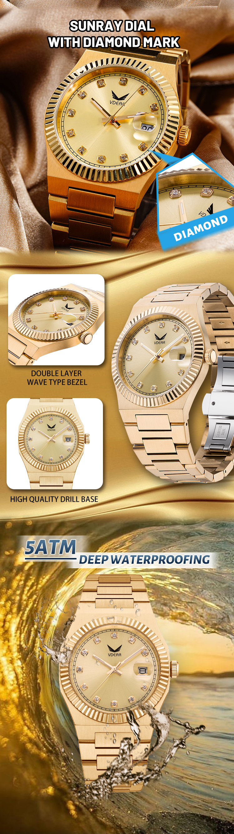 Vdear Stylish Diamond Sunray Dial Watch Luxury Steel 5atm Waterproof Luminous Calender Man Watch 12