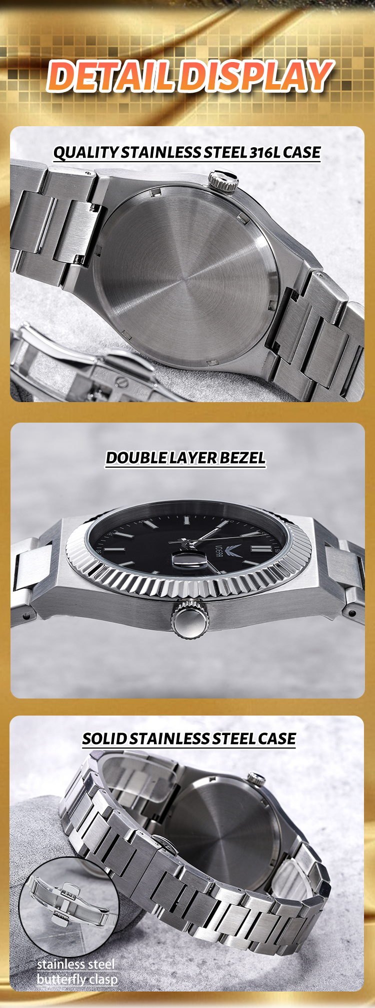 Vdear Stylish Diamond Sunray Dial Watch Luxury Steel 5atm Waterproof Luminous Calender Man Watch 13