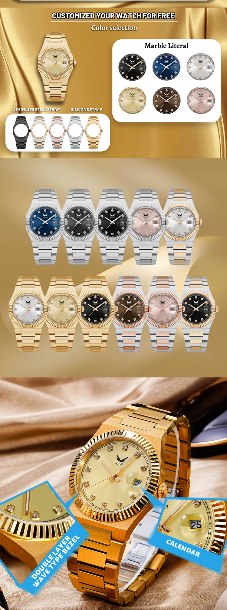 Vdear Stylish Diamond Sunray Dial Watch Luxury Steel 5atm Waterproof Luminous Calender Man Watch 11