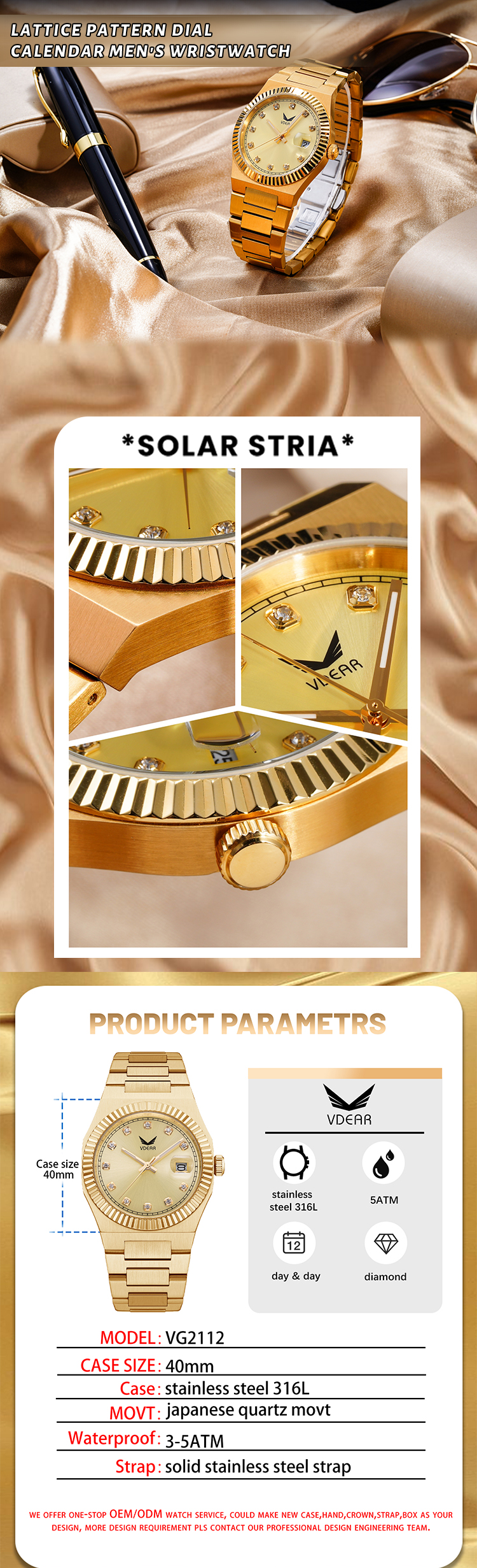 Vdear Stylish Diamond Sunray Dial Watch Luxury Steel 5atm Waterproof Luminous Calender Man Watch 10