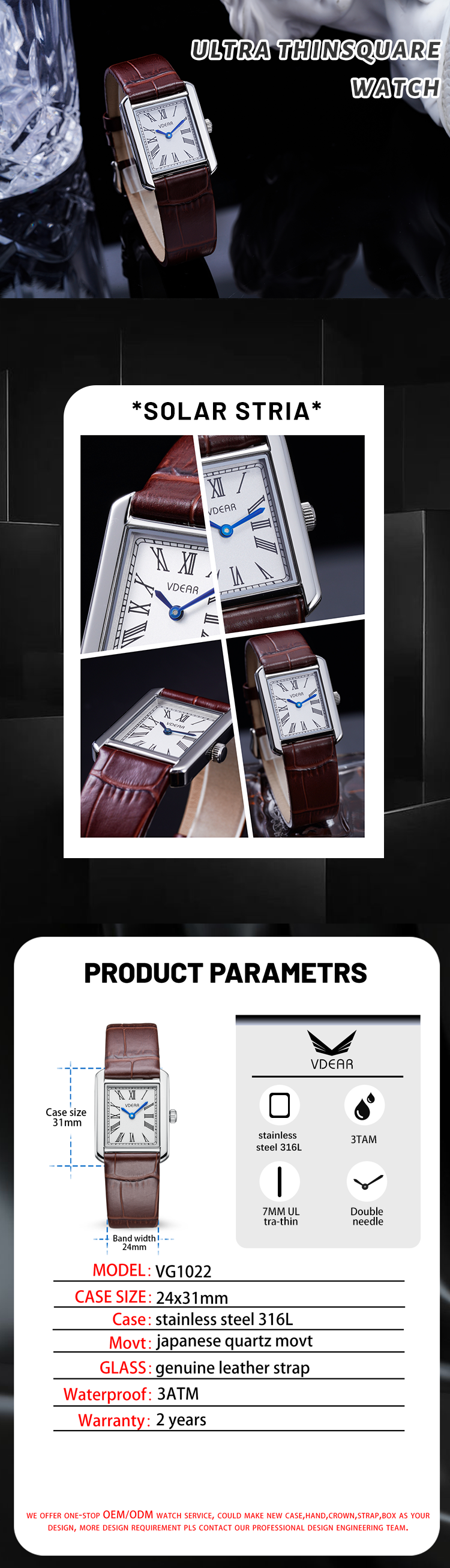 Vdear Square Ultra Thin Case Arabic Sunray Dial Watches Elegant Quartz Waterproof Classic Luxury Watch 10