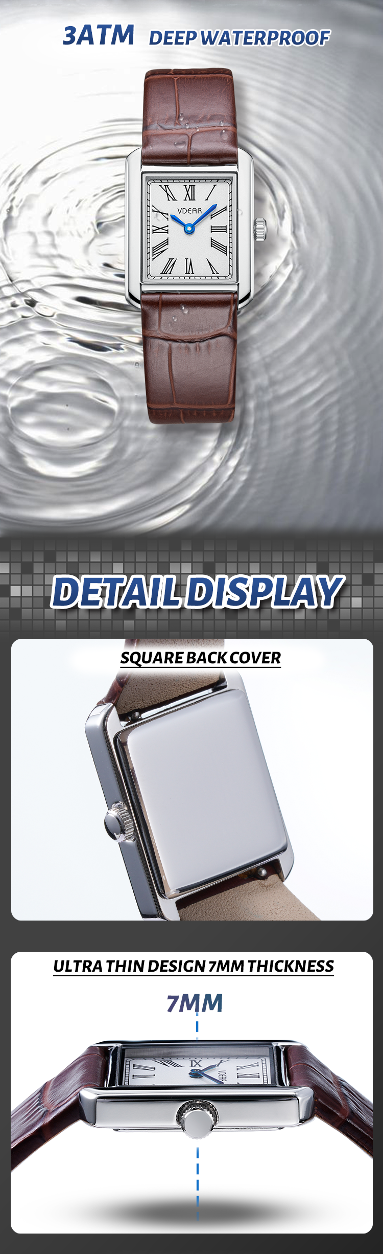 Vdear Square Ultra Thin Case Arabic Sunray Dial Watches Elegant Quartz Waterproof Classic Luxury Watch 12