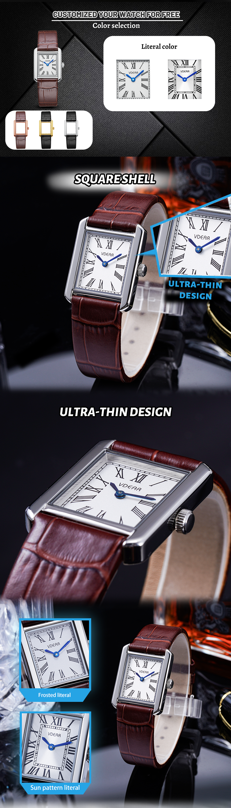 Vdear Square Ultra Thin Case Arabic Sunray Dial Watches Elegant Quartz Waterproof Classic Luxury Watch 11