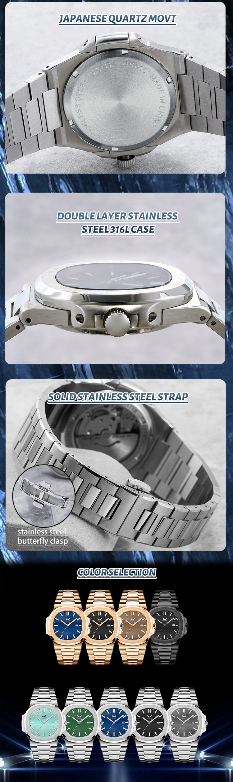 High Quality Watch Manufacturer 316L Stainless Steel Mens Watch With Navy Blue Dial 12