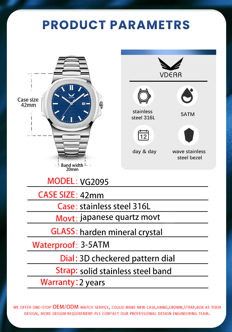 High Quality Watch Manufacturer 316L Stainless Steel Mens Watch With Navy Blue Dial 10