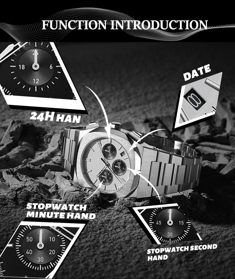 Chronograph Watch With Hollow Hands , Stainless Steel Quartz Watch 10