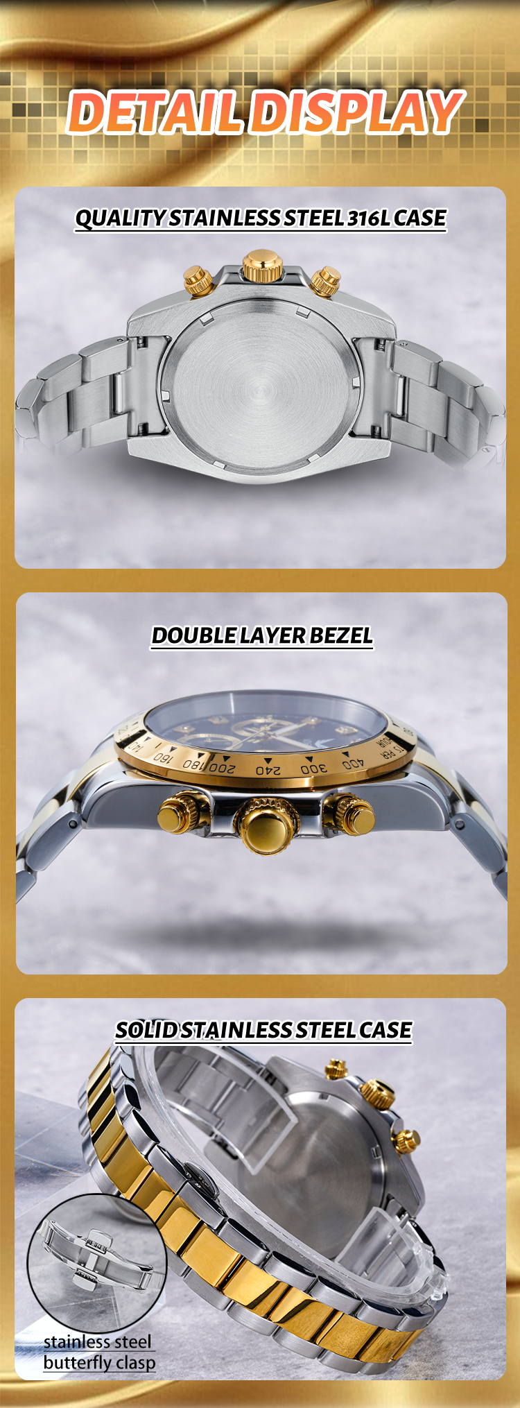 Vdear Diamond Scale Three Eye Dial Luxury Watches Waterproof Luminous Hands Quartz Chronograph Man Watch 14