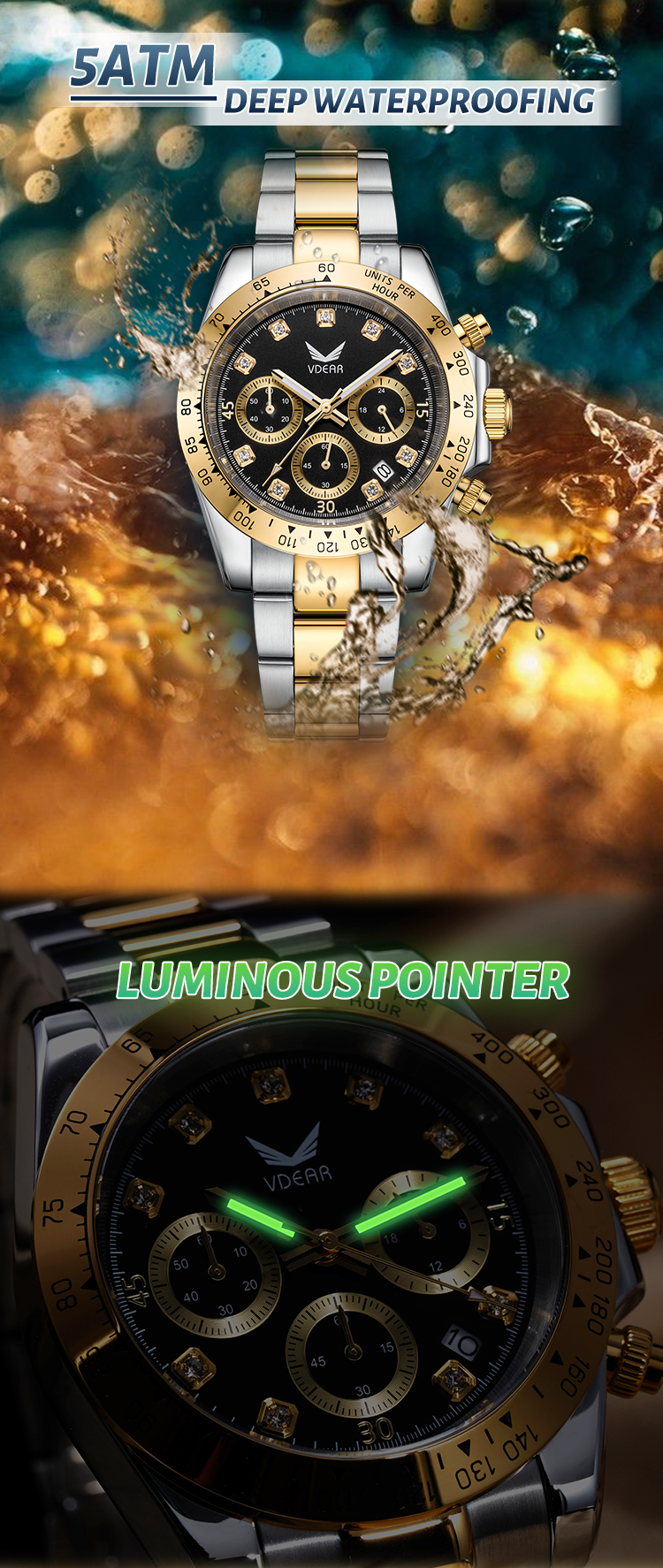 Vdear Diamond Scale Three Eye Dial Luxury Watches Waterproof Luminous Hands Quartz Chronograph Man Watch 13