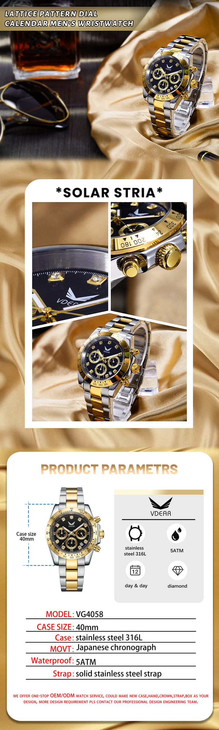 Vdear Diamond Scale Three Eye Dial Luxury Watches Waterproof Luminous Hands Quartz Chronograph Man Watch 10