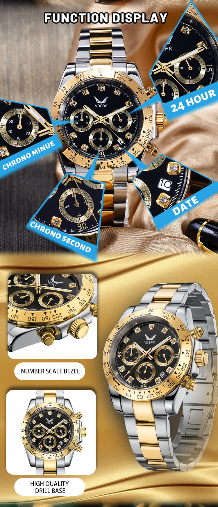 Vdear Diamond Scale Three Eye Dial Luxury Watches Waterproof Luminous Hands Quartz Chronograph Man Watch 12