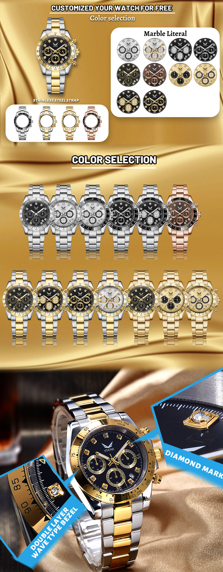 Vdear Diamond Scale Three Eye Dial Luxury Watches Waterproof Luminous Hands Quartz Chronograph Man Watch 11