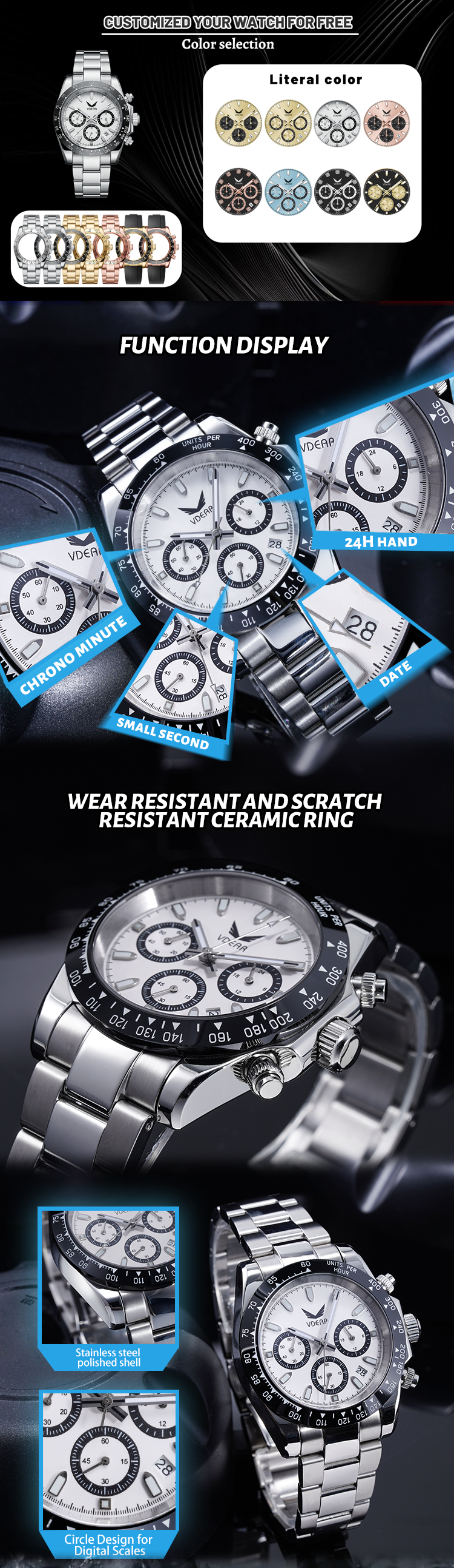 Vdear Quartz Multi-functional Waterproof Wristwatch Silicone Strap Luminous Pointers Chronograph Luxury Diamond 11