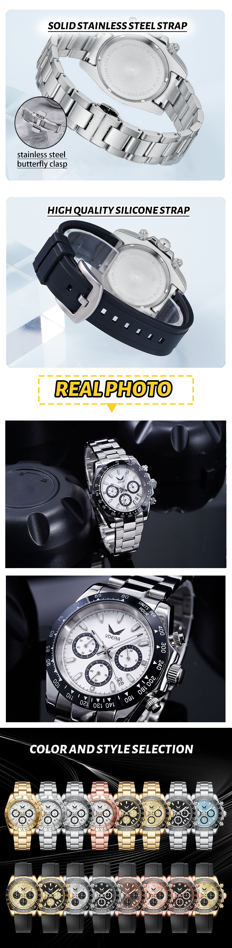 Vdear Quartz Multi-functional Waterproof Wristwatch Silicone Strap Luminous Pointers Chronograph Luxury Diamond 13