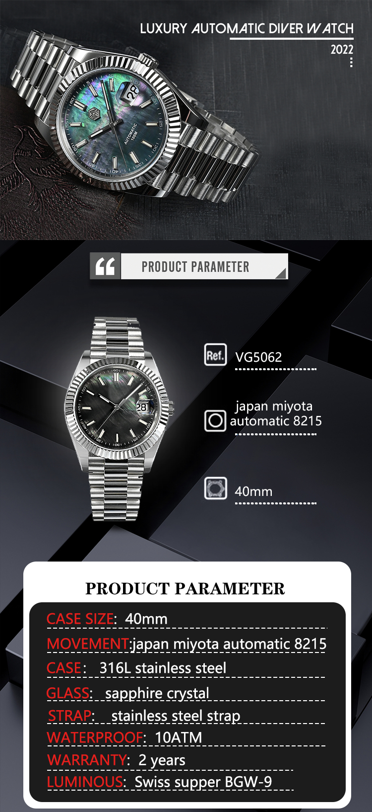 Vdear Stainless Steel Automatic Dive Watch Mechanical Pearl Dial Watch Luminous Custom Watch Suppliers 9