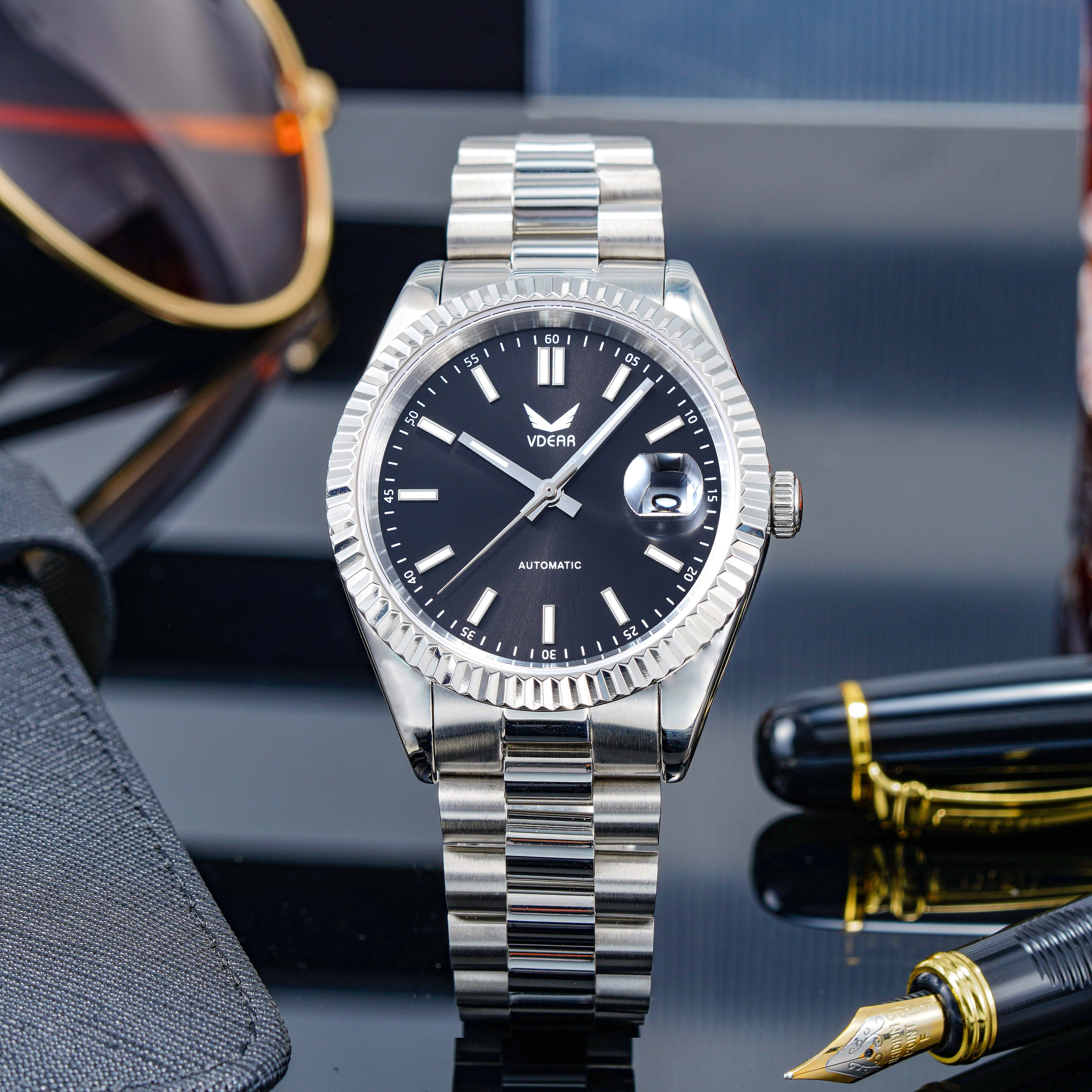 VDEAR - Men Automatic Mechanical Watches Silver Diamond Calendar Watches Waterproof 1