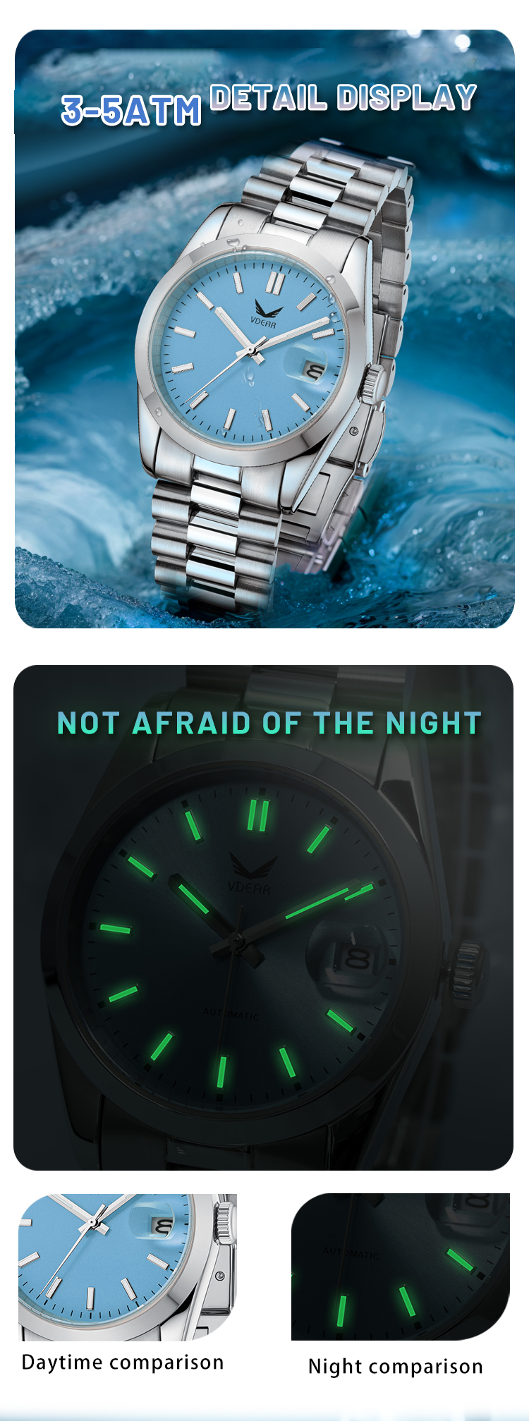 VDEAR - Men Automatic Mechanical Watches Silver Diamond Calendar Watches Waterproof 12