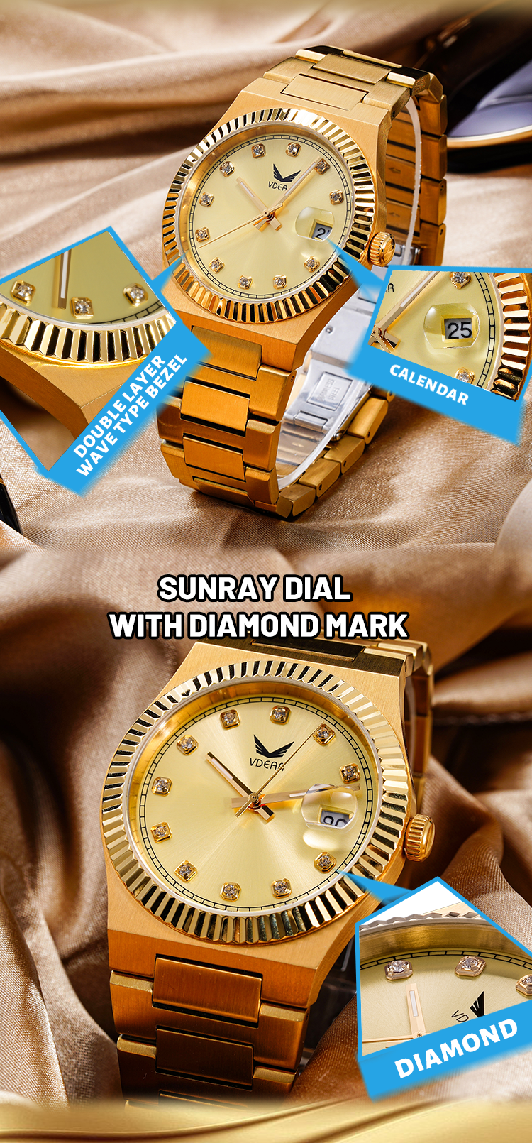 VDEAR Wave Bezel Diamond Watch: Quartz Rose Gold 12