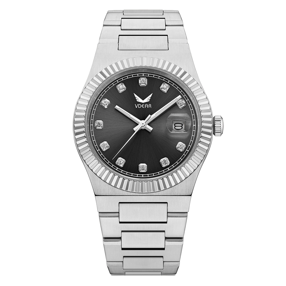 Vdear 40mm Wave Bezel Diamond Scale Watch Luminous Pointer With Date Sunray Dial Quartz Watch 1