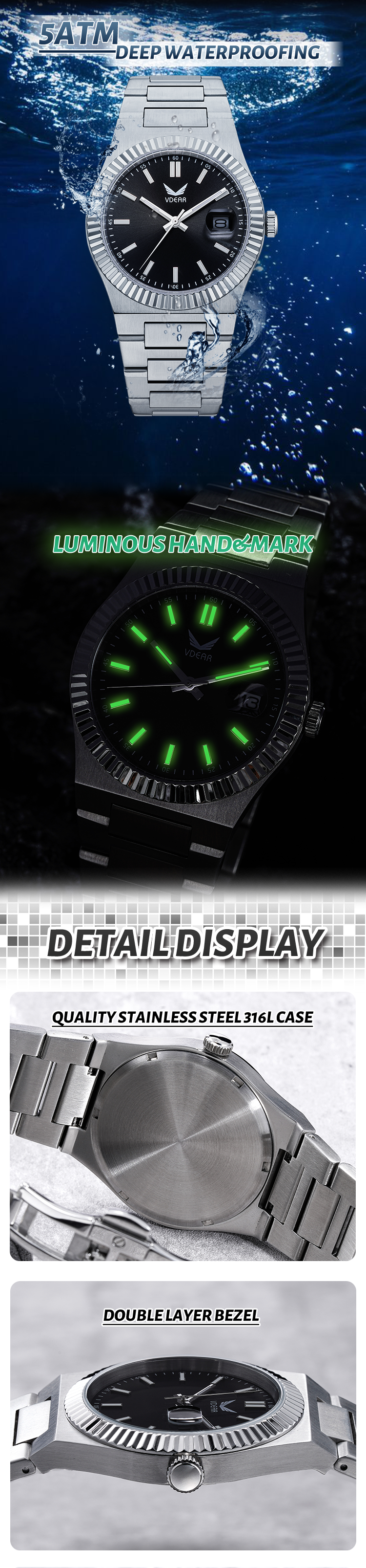 Vdear Wave Lünette, ultradünnes Gehäuse, Sonnenschliff-Zifferblatt, Leuchtskala mit Kalender, Quarzuhr 12