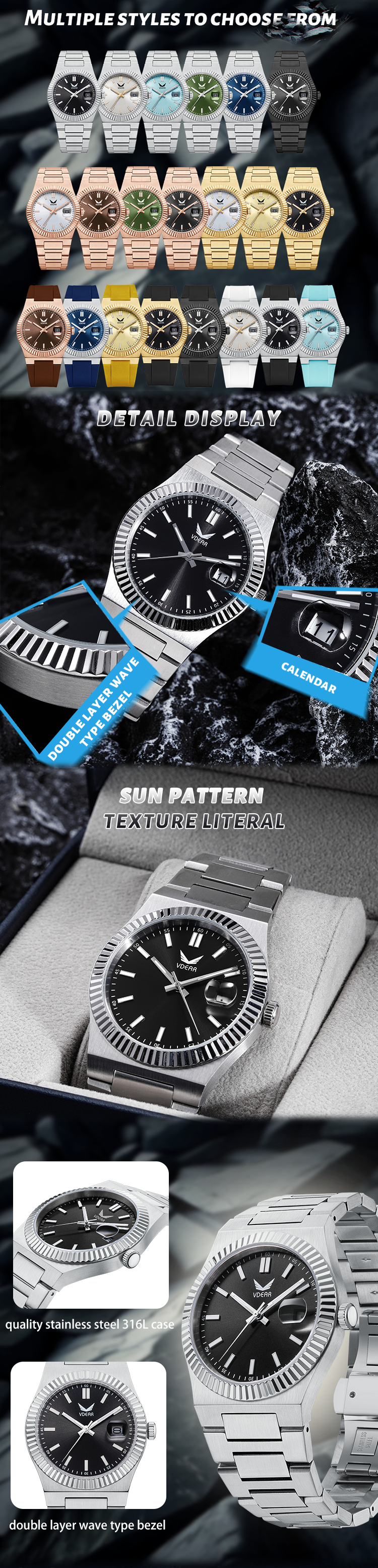 Vdear Wave Lünette, ultradünnes Gehäuse, Sonnenschliff-Zifferblatt, Leuchtskala mit Kalender, Quarzuhr 11