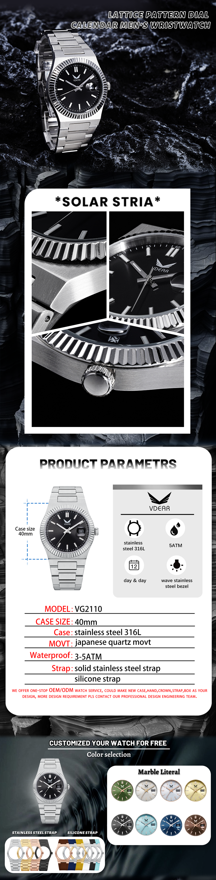 Vdear Wave Lünette, ultradünnes Gehäuse, Sonnenschliff-Zifferblatt, Leuchtskala mit Kalender, Quarzuhr 10