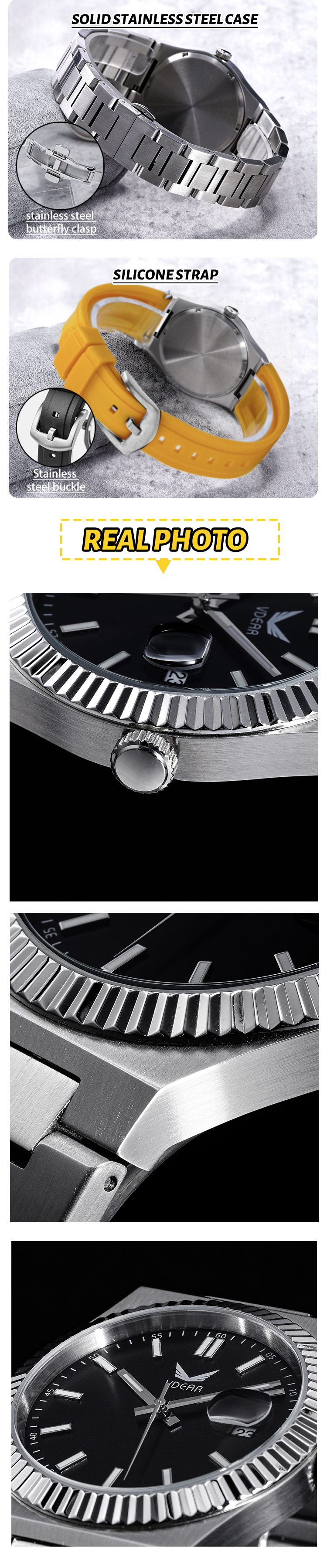 Vdear Wave Lünette, ultradünnes Gehäuse, Sonnenschliff-Zifferblatt, Leuchtskala mit Kalender, Quarzuhr 13