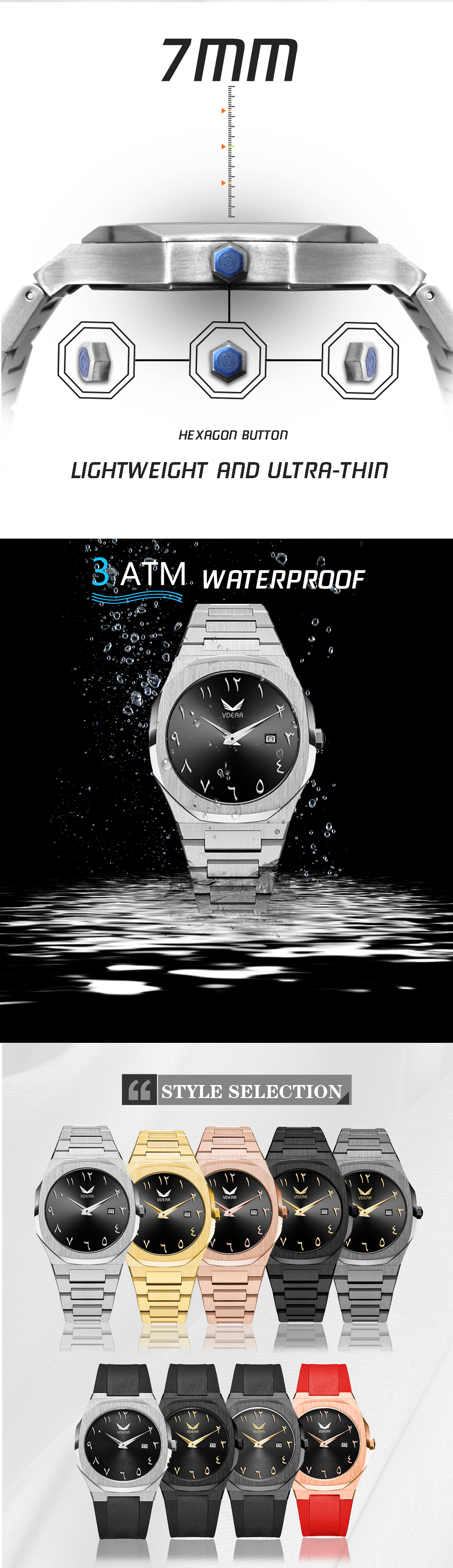 VDEAR - 5Atm Waterproof Arabic Metal Mark Private Label Watch Mens Top Brand Luxury Reloj De Acero Inoxidable Caso 316L others 12