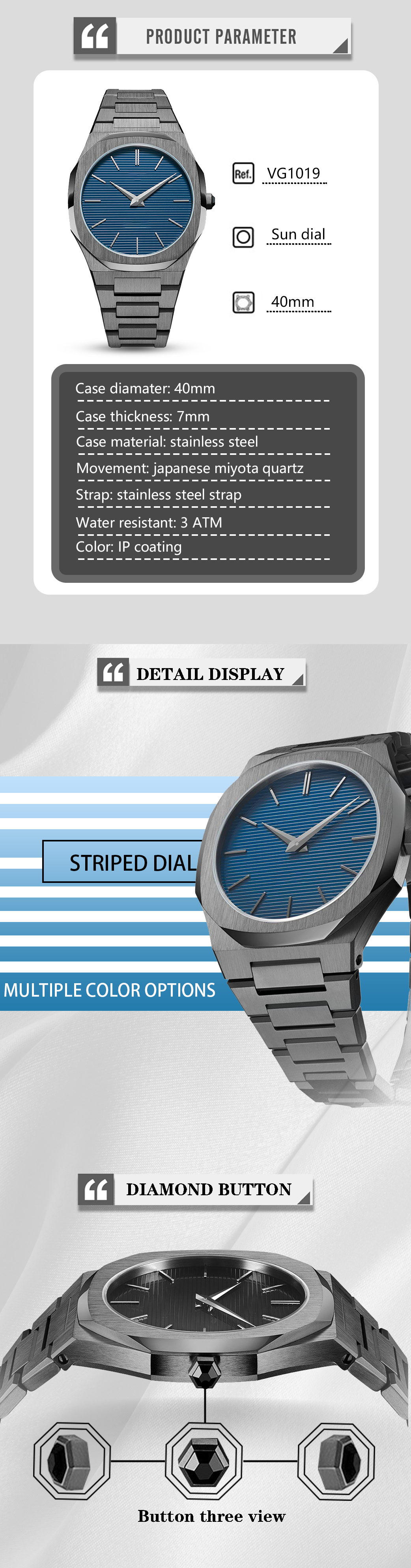VDEAR - 2021 Customised Logo High Quality Stainless Steel Watch Case 316L New Model Wrist Watch Men Ultra Thin New Arrival 9