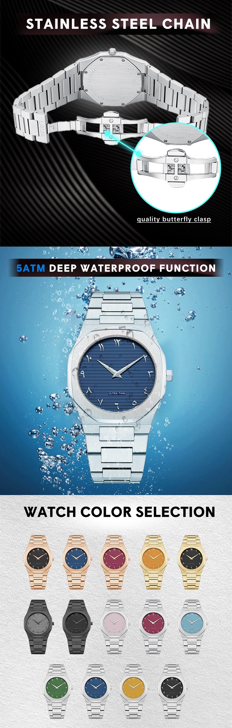 VDEAR Black Arabian Textured dial Watch waterproof Fashion Business Quartz Luxury Steel Strap Wristwatch 10