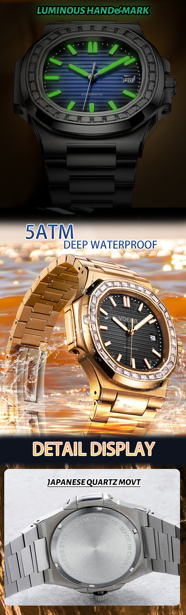 Vdear Diamond Bezel Stripe Dial Watch OEM Quartz Watch Supplier Luminous Square Quartz Calendar Watch 14