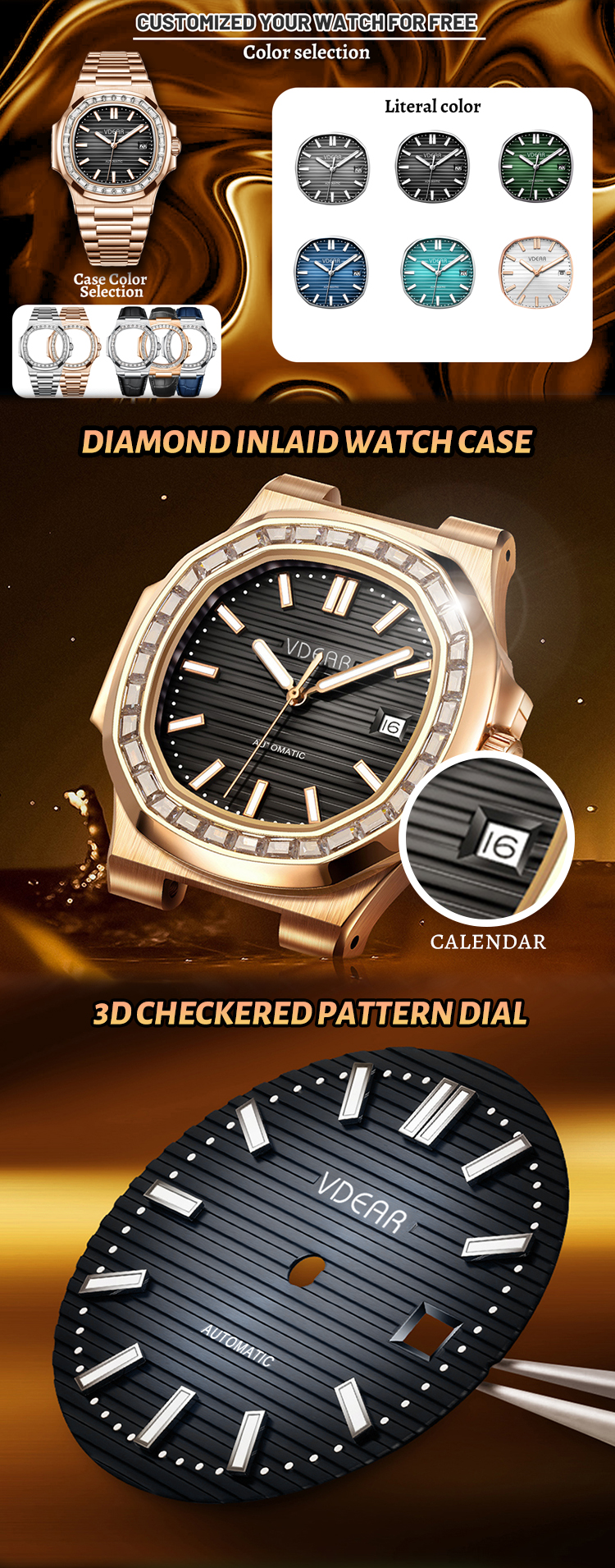 Vdear Diamond Bezel Stripe Dial Watch OEM Quartz Watch Supplier Luminous Square Quartz Calendar Watch 13