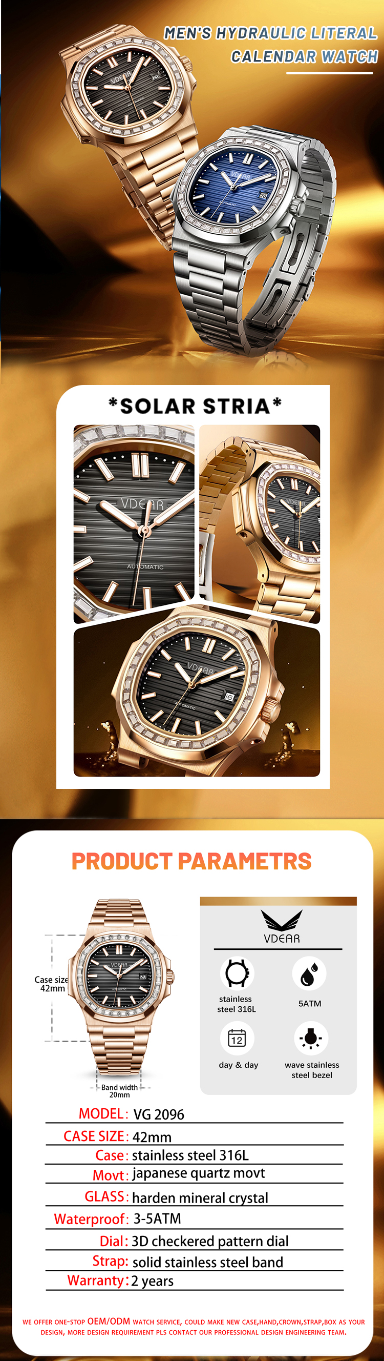 Vdear Diamond Bezel Stripe Dial Watch OEM Quartz Watch Supplier Luminous Square Quartz Calendar Watch 12