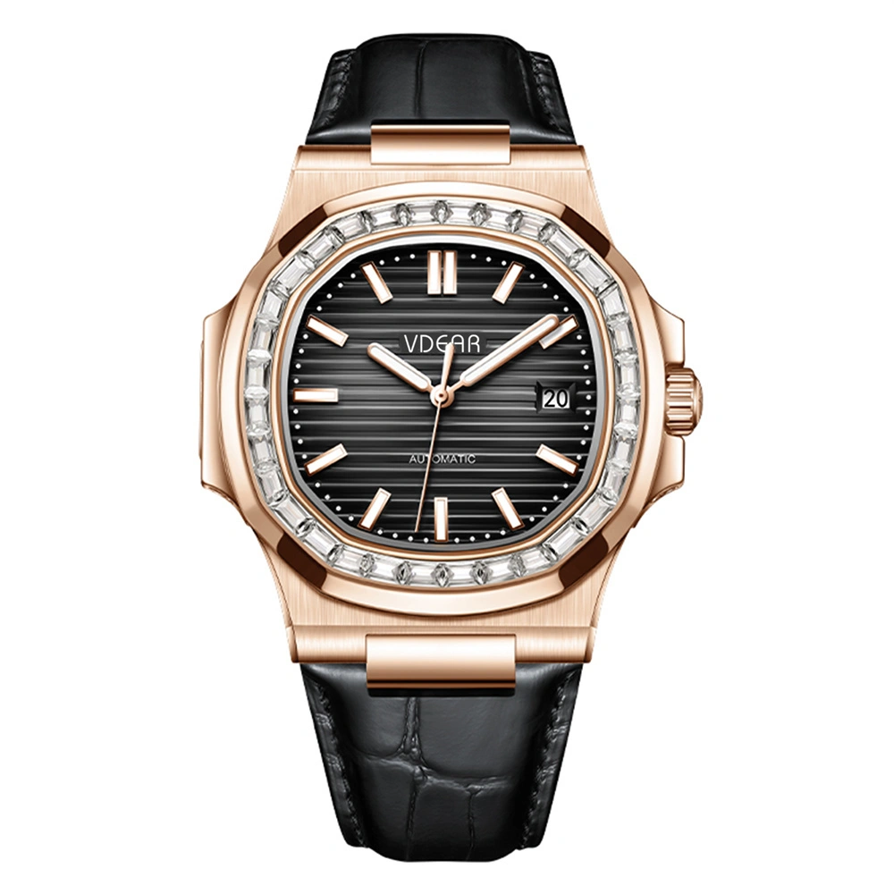 Schwarze Herren-Quarzuhr mit Lederarmband, elegante Herrenuhr mit Kristallzifferblatt 1